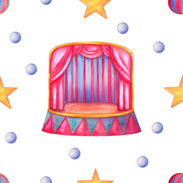 Hand-drawn watercolor circus seamless pattern for children. Whimsical circus arena with stars and beads.