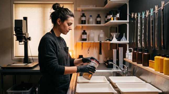 Photographer developing film in darkroom with enlarger and hanging film strips