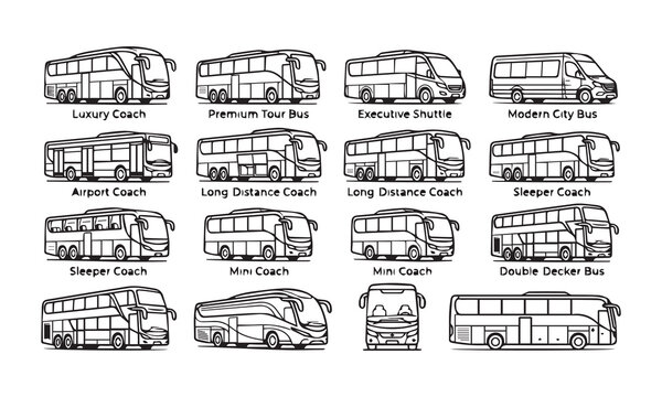Modern passenger coach collection featuring luxury and mini bus line art icons.