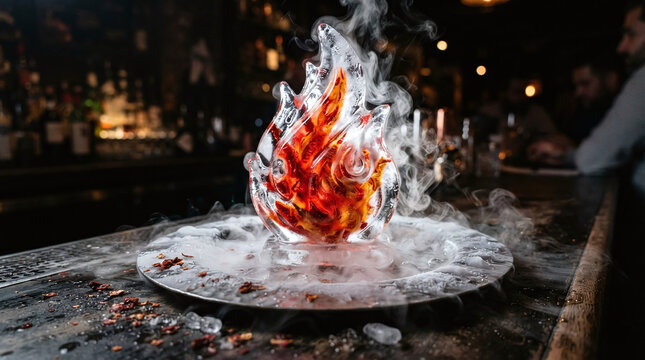 Cinematic shot of a sculpted ice flame filled with red liquid, emitting dry ice smoke on a metal plate in a dark bar. Vibrant contrast of fire and ice imagery with blurred backgrou