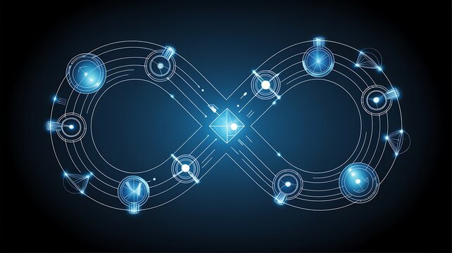 Abstract infinity symbol glowing with digital lines and futuristic light nodes technology concept