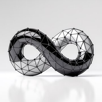 Abstract infinity symbol with a complex geometric wireframe structure design