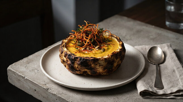 Gourmet roasted pumpkin soup served in a charred celeriac bowl with crispy vegetable toppings, seeds, and oil on a rustic concrete table with a vintage spoon and linen napkin.