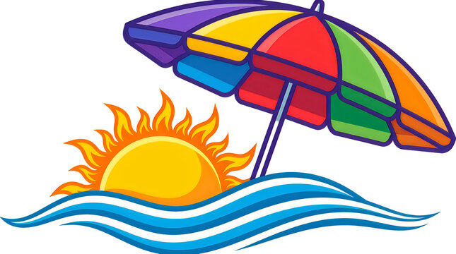 Colorful beach umbrella with bright sun and ocean waves illustration