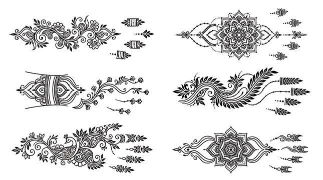 Set of intricate mehndi borders and design elements for traditional Indian art.