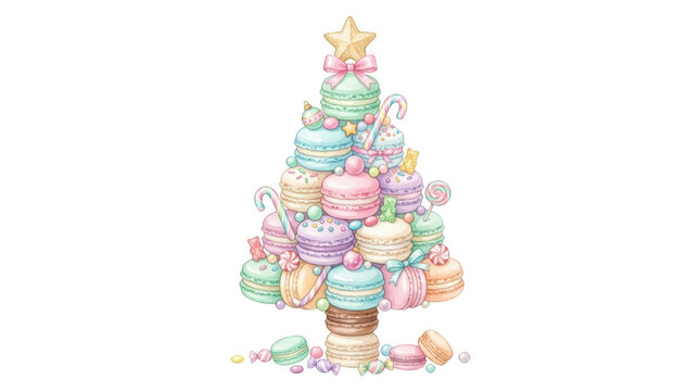 Christmas tree made of colorful macarons and sweets isolated on transparent background