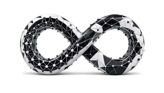 Abstract infinity symbol made of black and white geometric digital network structure