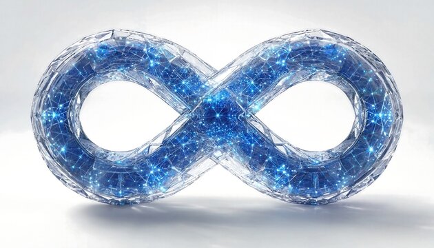 Abstract infinity symbol shaped crystal glass structure with glowing blue digital network nodes inside