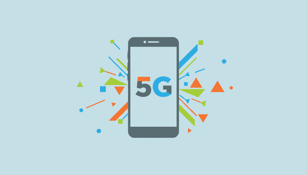 Smartphone displaying the 5g logo with vibrant geometric shapes exploding from the background representing high speed mobile internet.