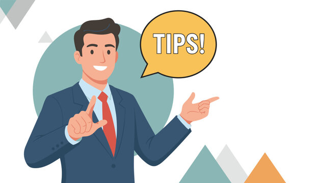 Friendly businessman in a suit smiling and pointing towards a speech bubble with tips text for helpful advice and business suggestions.