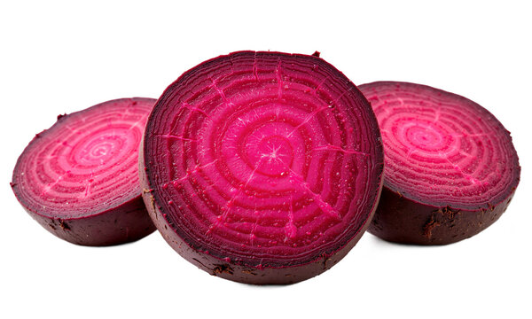 Beetroot slices isolated Three pieces of fresh red beet cut in half on a transparent background for food design