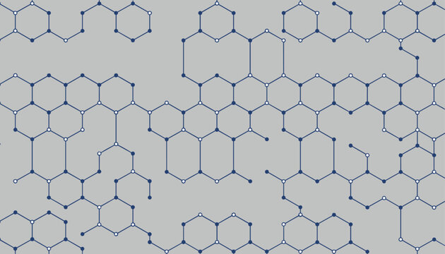 Abstract background pattern of interconnected navy blue hexagons and nodes on a light grey field representing a molecular network.