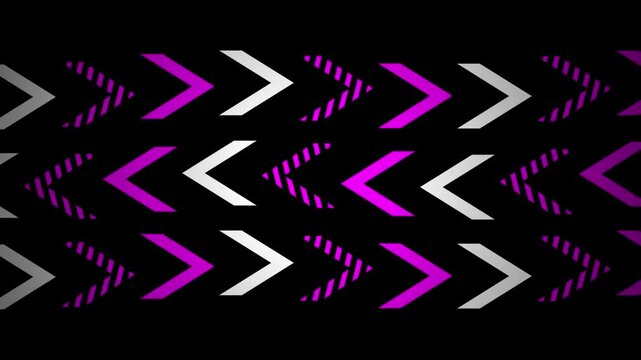 Abstract background featuring repeating rows of purple and white directional arrow symbols on black.
