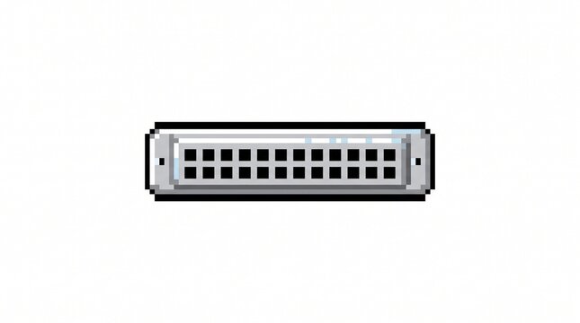 8-bit pixel art of a classic silver metal harmonica musical instrument game asset isolated on white.