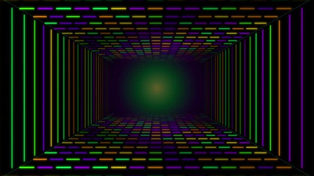 Abstract digital tunnel background with glowing neon rectangles and perspective depth effect.
