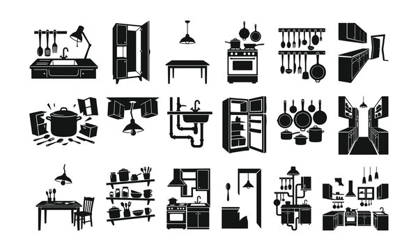 Kitchen Utensils and Furniture Interior Silhouette Set
