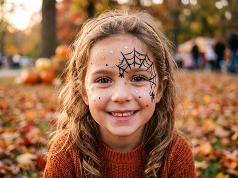 Young Caucasian child smiling with spider web face paint in a park during autumn