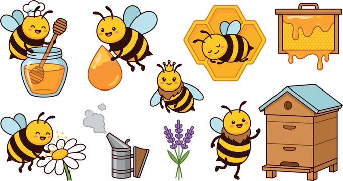 Cute Cartoon Honey Bee Vector Illustration Set with Wooden Beehive Honeycomb Jar Smoker and Queen Bee for Organic Apiary and Kids Educational Designs