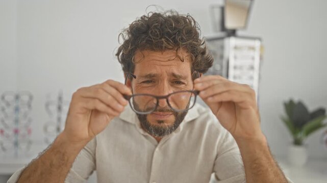 Man holds eyeglasses up to face and squints while inspecting frames in building; frustration clarity.