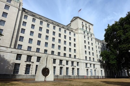 The Main Building of the Ministry of Defence, located in Whitehall, London, England, as seen from Victoria Embankment Gardens.
