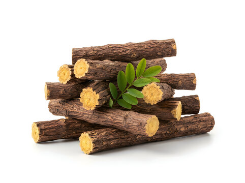 A stack of dried licorice root sticks with a small green leaf sprig isolated on white background