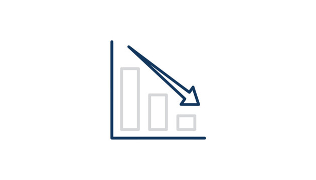 Simple financial line graph showing a significant downward trend in performance or sales represented by light grey bars and a blue arrow.