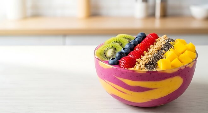 Pink plate with colorful macarons and fresh fruit on wooden table
