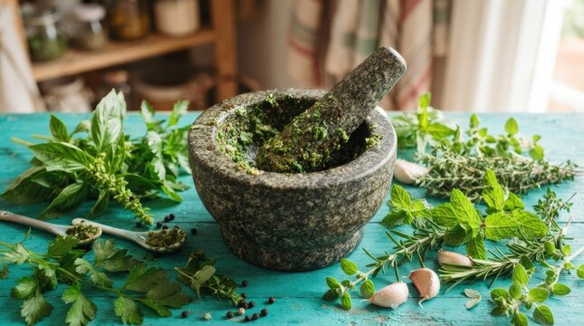 mortar with herbs