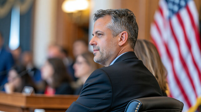 Back of a distinguished man in a black suit seated before a congressional hearing panel, American flag softly waving in the background, judge listening while attorneys discuss legal arguments on opp