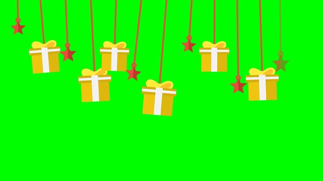 swinging yellow gift boxes and red stars hanging border on green screen