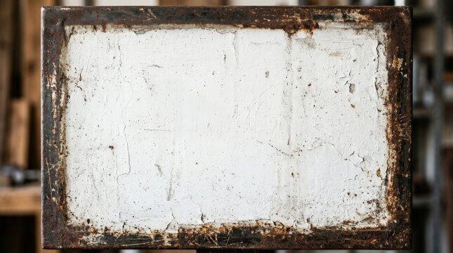 A close up view showcasing a weathered rust texture metal frame enclosing a cracked white painted surface with distressed details and industrial charm suitable for rustic backgrounds