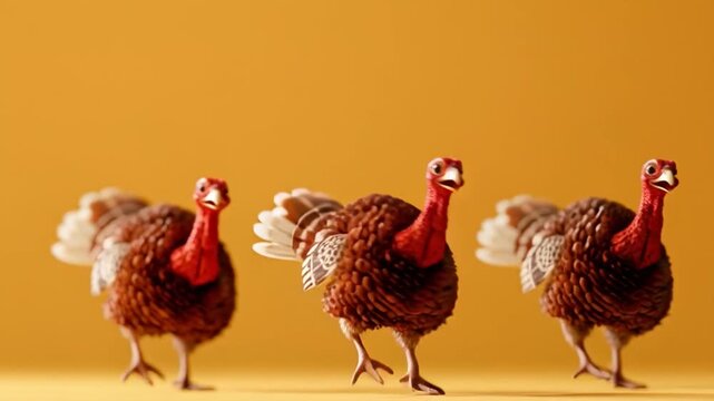 Cute Thanksgiving Family &mdash; a charming, hyper-realistic cute turkey happily dancing alongside a friendly and cheerful scarecrow, creating a warm and joyful Thanksgiving moment.