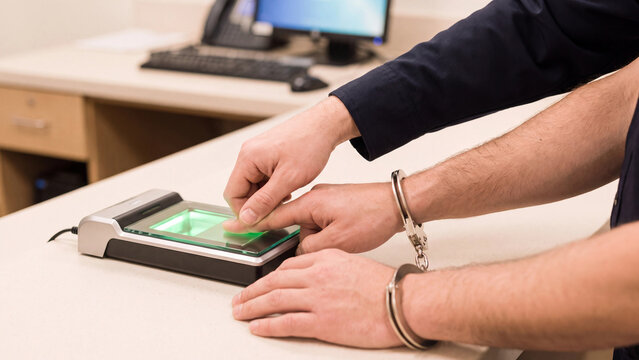 A handcuffed suspect gets fingerprinted on a biometric scanner during a police booking procedure. Concept of criminal identification and law enforcement protocol.