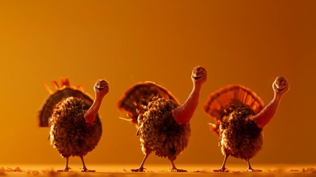 Cute Thanksgiving Family &mdash; a charming, hyper-realistic cute turkey happily dancing alongside a friendly and cheerful scarecrow, creating a warm and joyful Thanksgiving moment.