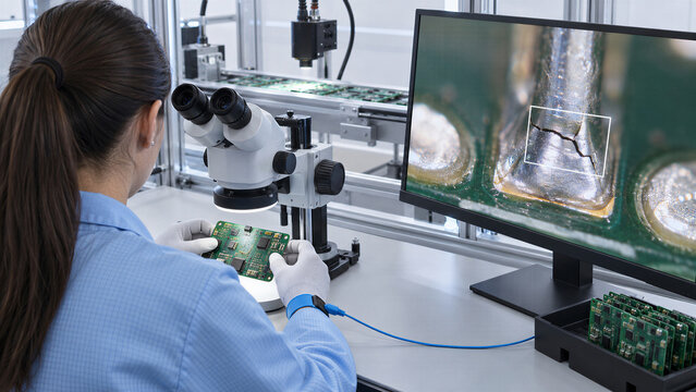 Woman engineer inspecting circuit board under microscope in electronics factory. Quality control of solder joint on monitor in microchip production. Technology manufacturing and semiconductor industry