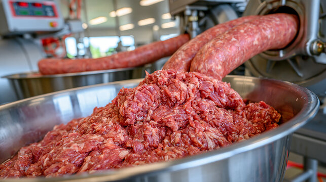 Freshly minced meat being transferred from a powerful stainless steel bowl cutter into an industrial sausage stuffer, continuous smooth movement between machines, mirror polished metal surfaces, bri