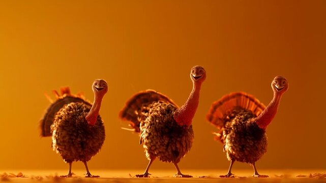 Cute Thanksgiving Family &mdash; a charming, hyper-realistic cute turkey happily dancing alongside a friendly and cheerful scarecrow, creating a warm and joyful Thanksgiving moment.