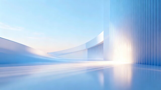 Minimalist Futuristic Architectural Space with Curved Volumes, Ribbed Panel Wall, Reflective Floor, and Soft Sunlight Shadows for Archviz