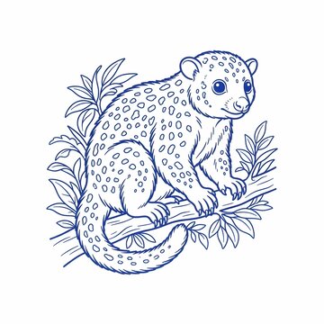 Blue Line Art Illustration of a Spotted Genet Sitting in Foliage