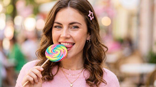 Young Woman Colorful Swirled Lollipop Near Lips Playful Smile Tongue Candy Edge Eyes Mischief Pink Hair Clip Pastel Macro Sweet