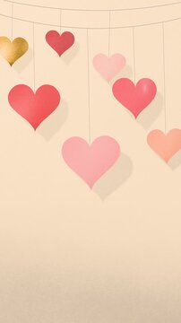 Vertical video of a paper heart garland in red, pink and gold swaying on strings against a warm cream wall in soft window light, seamless Valentine loop
