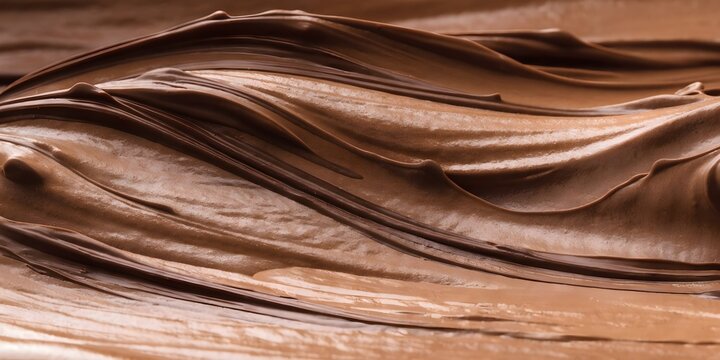 Smooth flowing milk chocolate swirl with glossy layered ridges, rich brown macro texture
