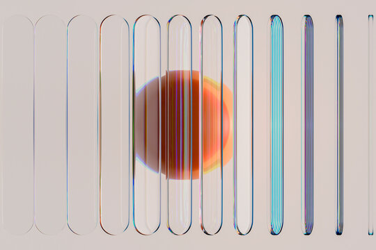 3D Transparent Glass Bars Framing a Soft Orange Abstract Sphere