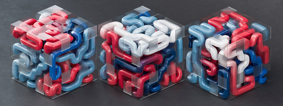 3D Red Blue Glass Cubes with Interlocking Tubes and Geometric Structure