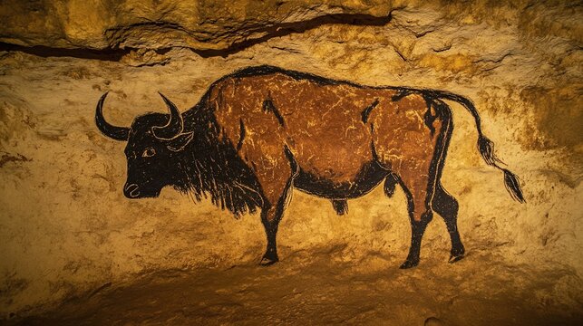ochre. Cave wall section with primitive red ochre drawings of a large beast. event programs, museum guides, designed for cultural heritage projects and event programs.