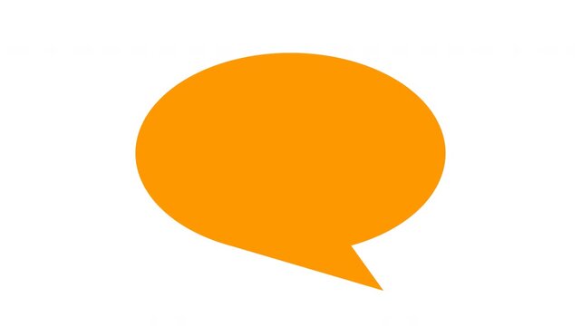 右下に尻尾が付いたオレンジの丸い吹き出しが中央に大きく現れ静止する白背景のアニメーション