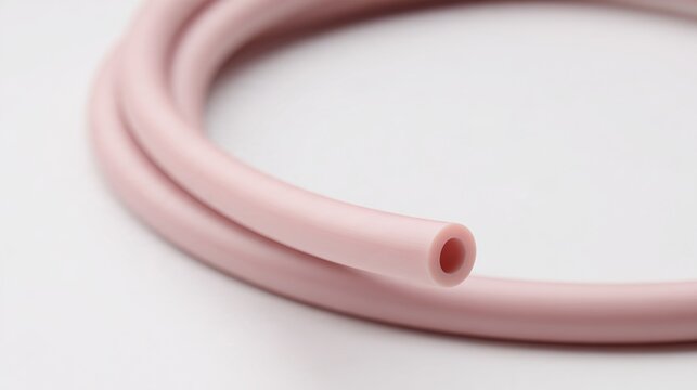 silicone. A smooth pink silicone tube curved elegantly on a white background. product launch decks, UI/UX mockups, designed for data visualization dashboards and holographic UIs.