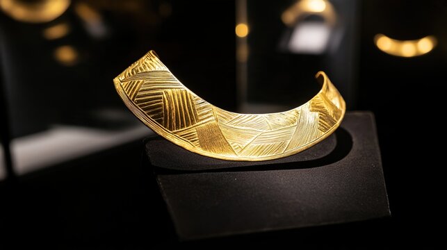 artifact. Intricate ancient gold artifact with geometric patterns on dark velvet. event programs, museum guides, designed for cultural heritage projects and event programs, supports education.