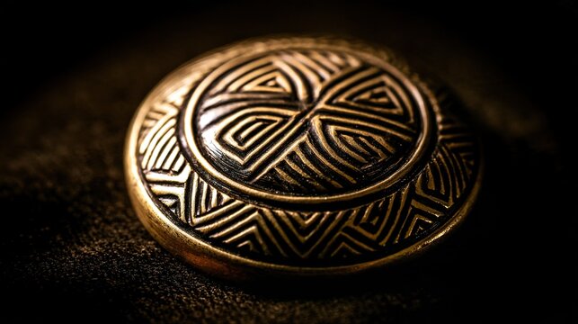 artifact. Intricate ancient gold artifact with geometric patterns on dark velvet. event programs, museum guides, designed for cultural heritage projects and event programs, supports education.