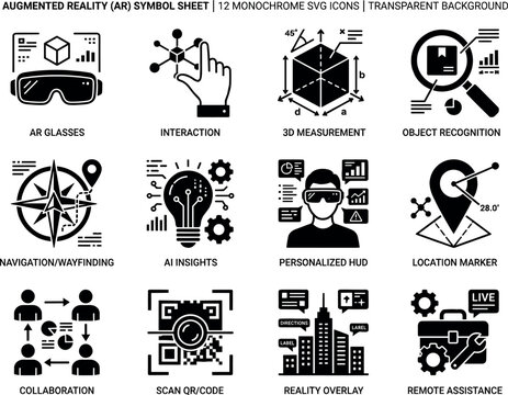 Augmented Reality Icons Set - AR Glasses, 3D Measurement and Object Recognition Glyph Icon Collection